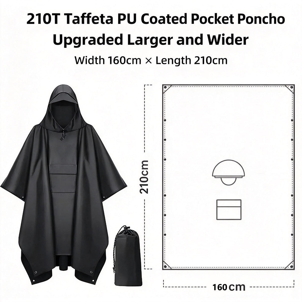 Widened Enlarged Black Thin Adult 3‑in‑1 Rain Cloak Poncho, Multifunctional Ground Mat Shelter For Hiking Camping Cycling, All‑Weather Outdoor Accessory Christmas Holiday Gift