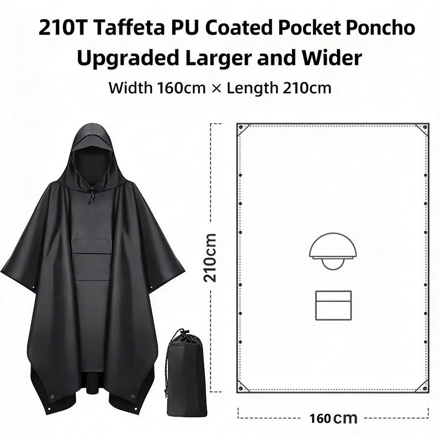 Widened Enlarged Black Thin Adult 3‑in‑1 Rain Cloak Poncho, Multifunctional Ground Mat Shelter For Hiking Camping Cycling, All‑Weather Outdoor Accessory Christmas Holiday Gift