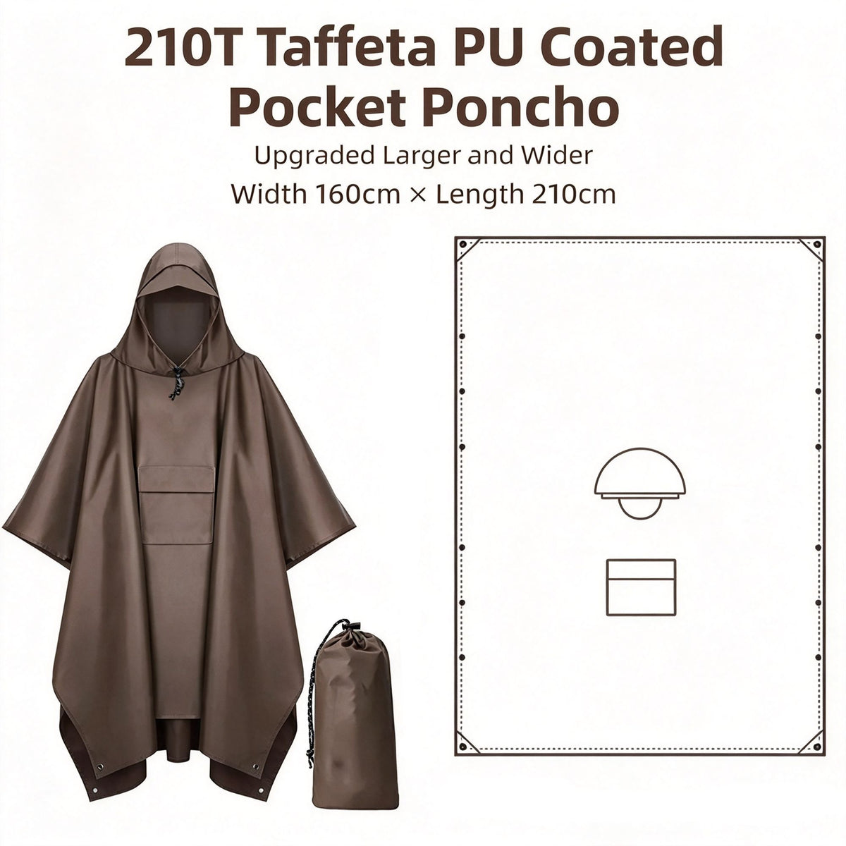 Widened Enlarged Brown Thin Adult 3‑in‑1 Rain Cloak Poncho, Multipurpose Ground Cloth Shelter For Outdoor Camping Hiking Cycling, Ideal Holiday Gift For Backpacking Enthusiasts