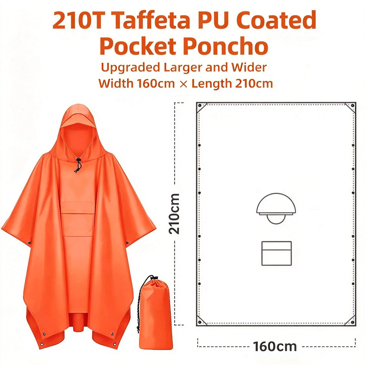 Widened Enlarged Orange Thin Adult 3‑in‑1 Rain Poncho Cloak, Oversized Ground Sheet Tarp For Camping Backpacking Hiking, All‑Round Protection Outdoor Gear Xmas Holiday Gift