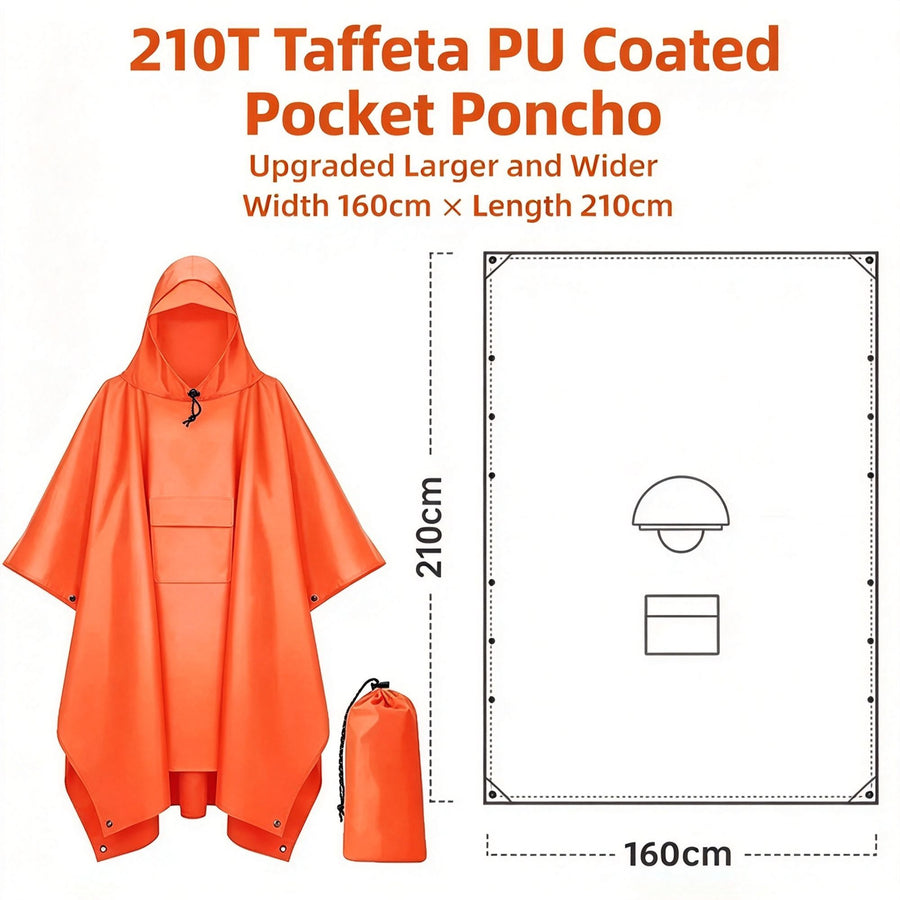 Widened Enlarged Orange Thin Adult 3‑in‑1 Rain Poncho Cloak, Oversized Ground Sheet Tarp For Camping Backpacking Hiking, All‑Round Protection Outdoor Gear Xmas Holiday Gift