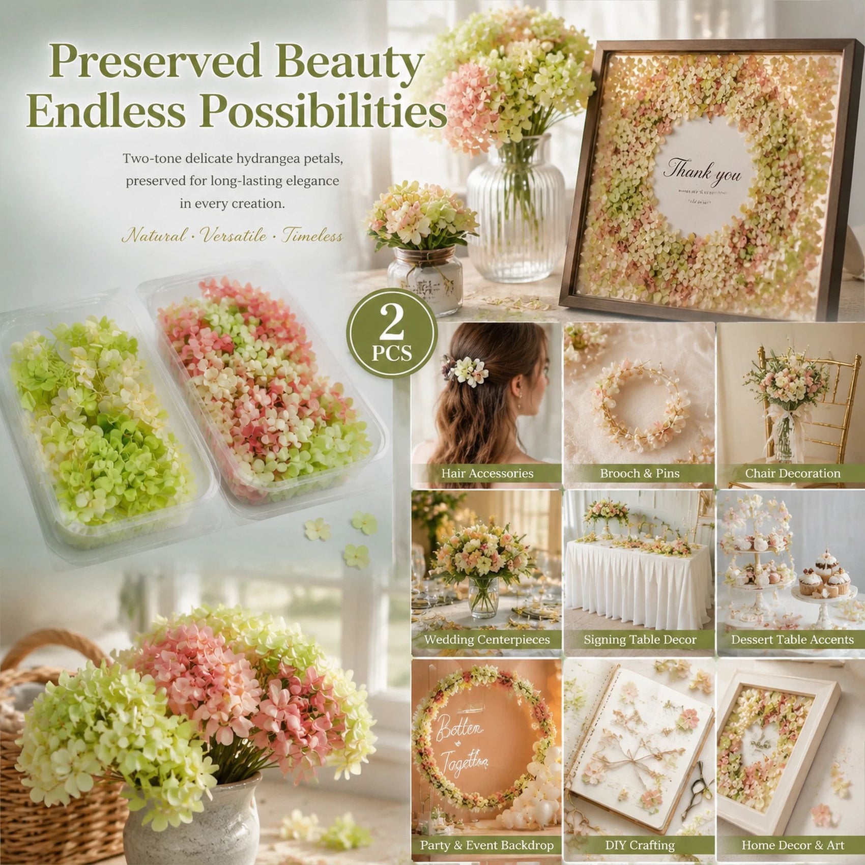 Warm Mixed Shade & Pale Green Champagne Preserved Hydrangea Frame DIY Set of 2 Boxes