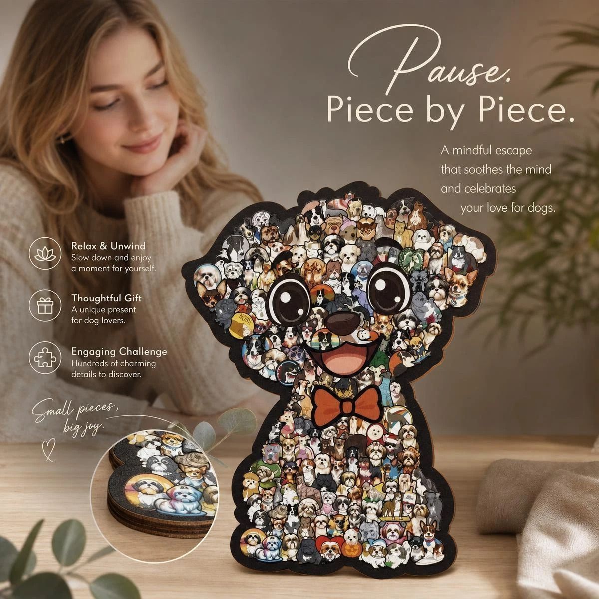 Wooden Jigsaw Puzzle, Morandi Color Box + Teddy Dog