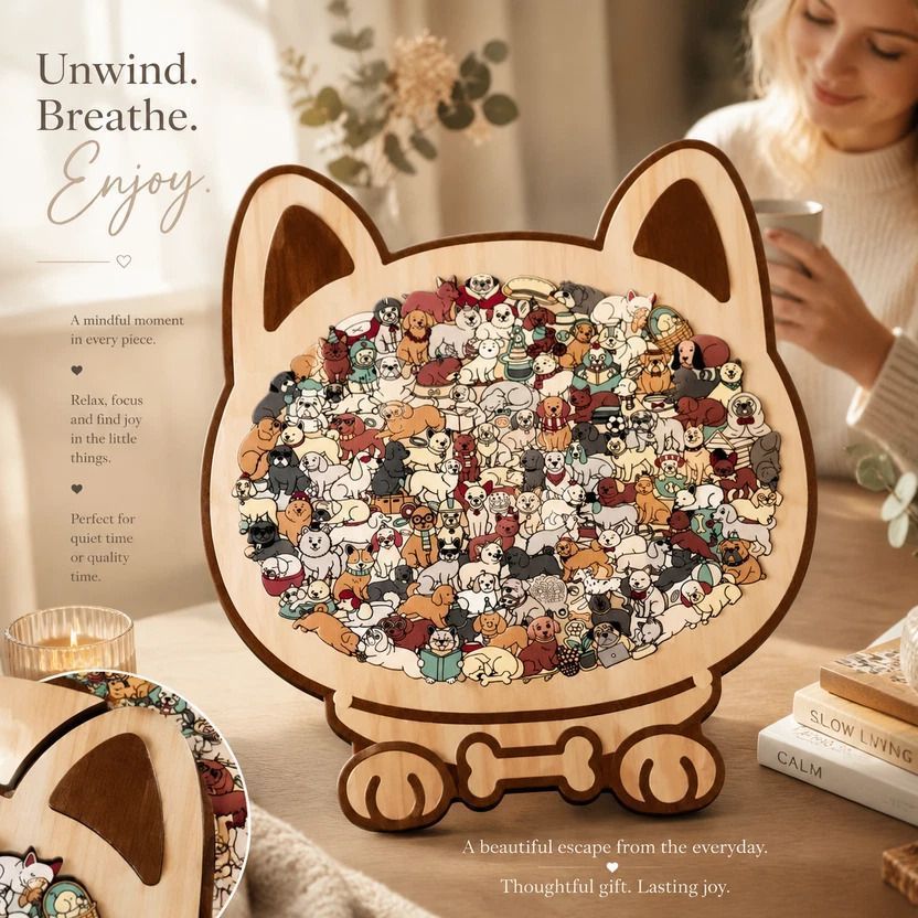 Wooden Jigsaw Puzzle, Morandi Color Box + Pug Dog