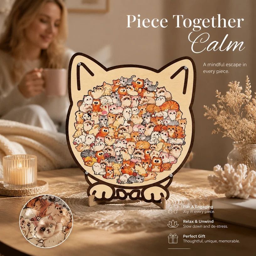 Wooden Jigsaw Puzzle, Morandi Color Box + Kitten