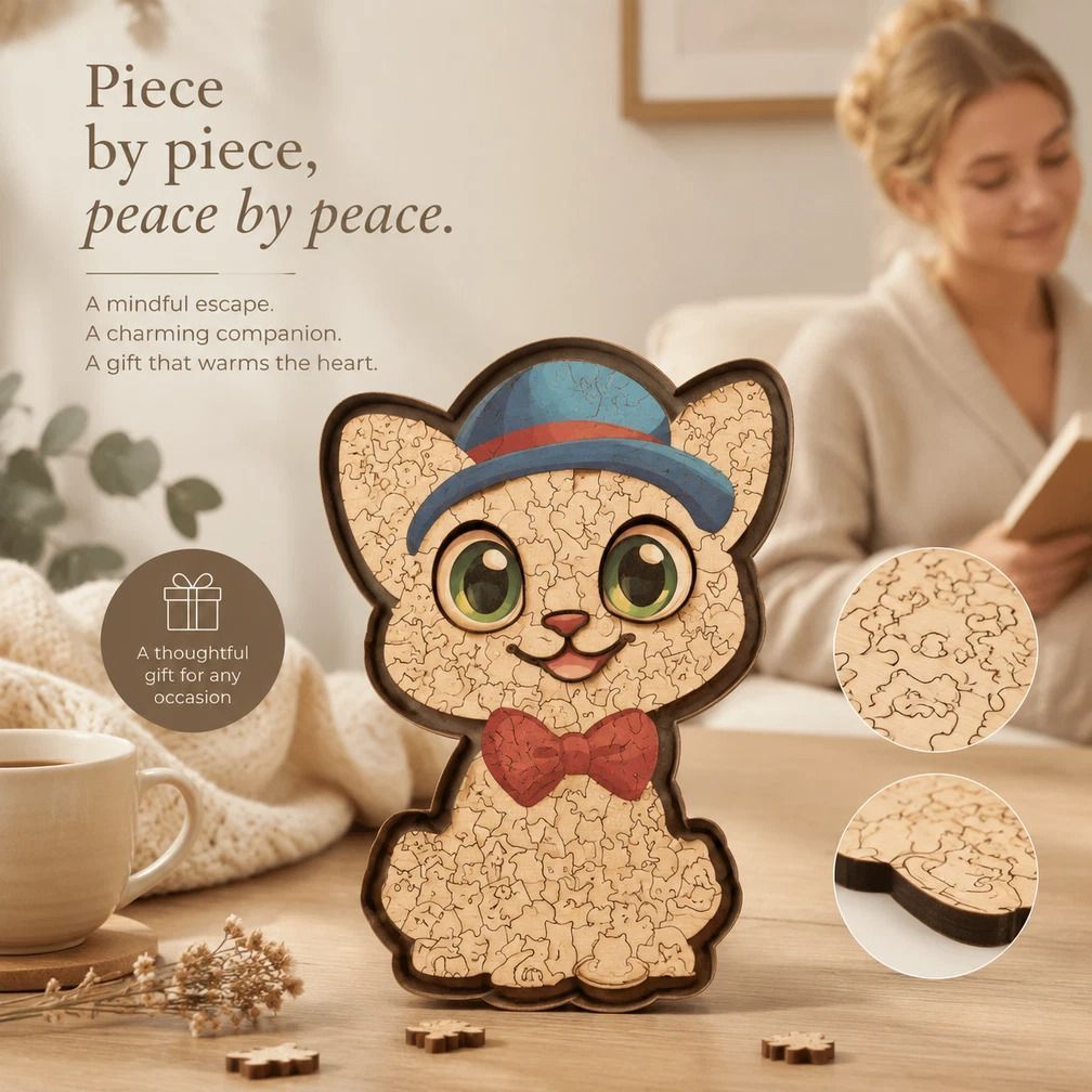 Wooden Jigsaw Puzzle, Macaron Color Box + Cat with Blue Hat
