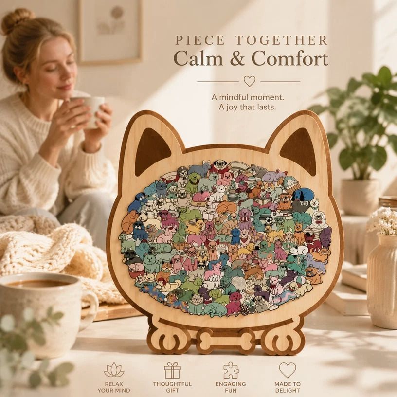 Wooden Jigsaw Puzzle, Persian Cat + Pug Dog