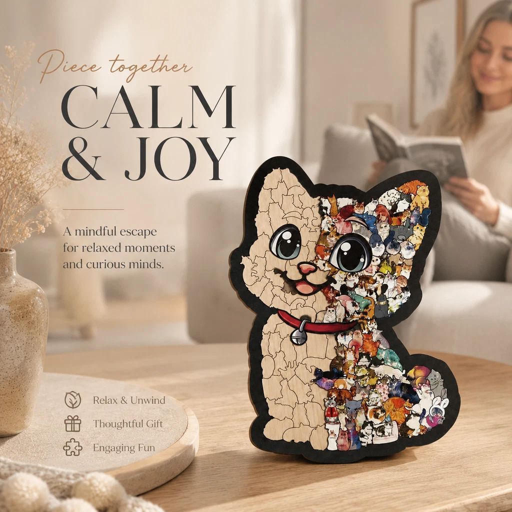Wooden Jigsaw Puzzle, Persian Cat + Little Bear