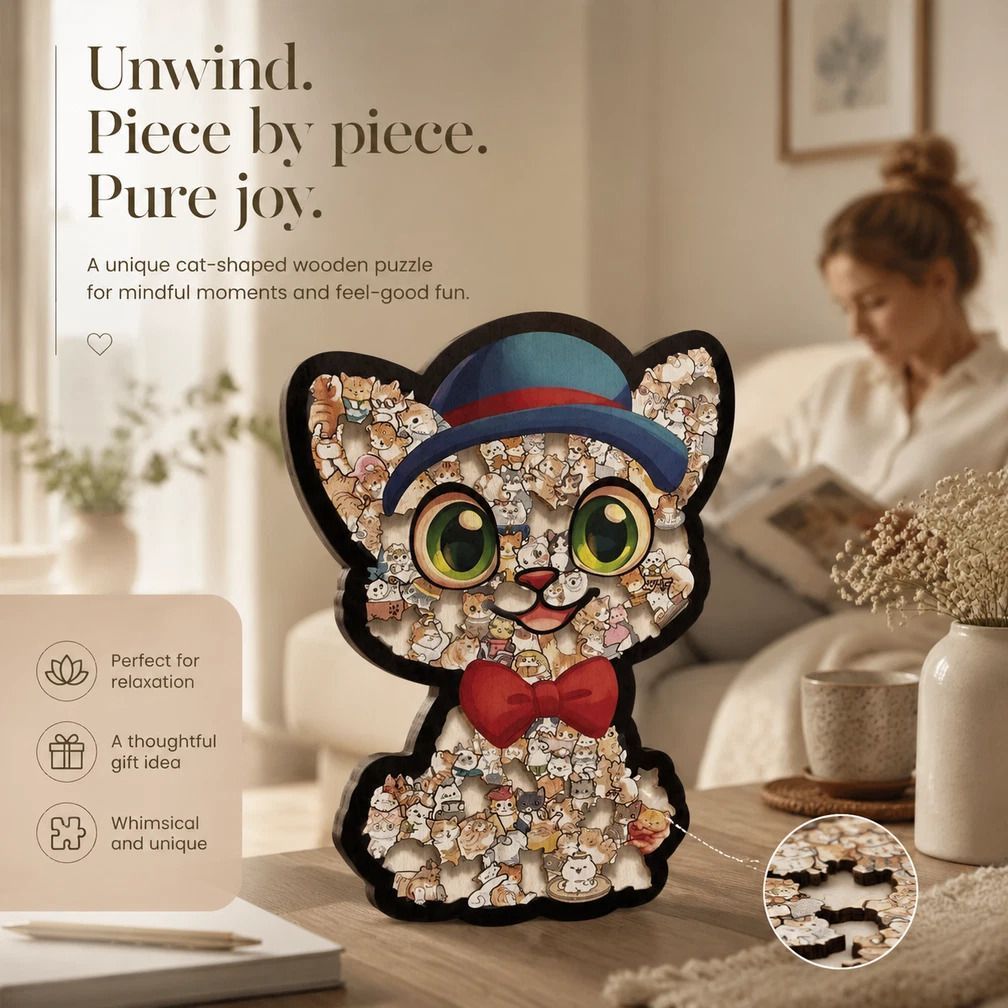 Wooden Jigsaw Puzzle, Cat with Blue Hat + Macaron Style Dog