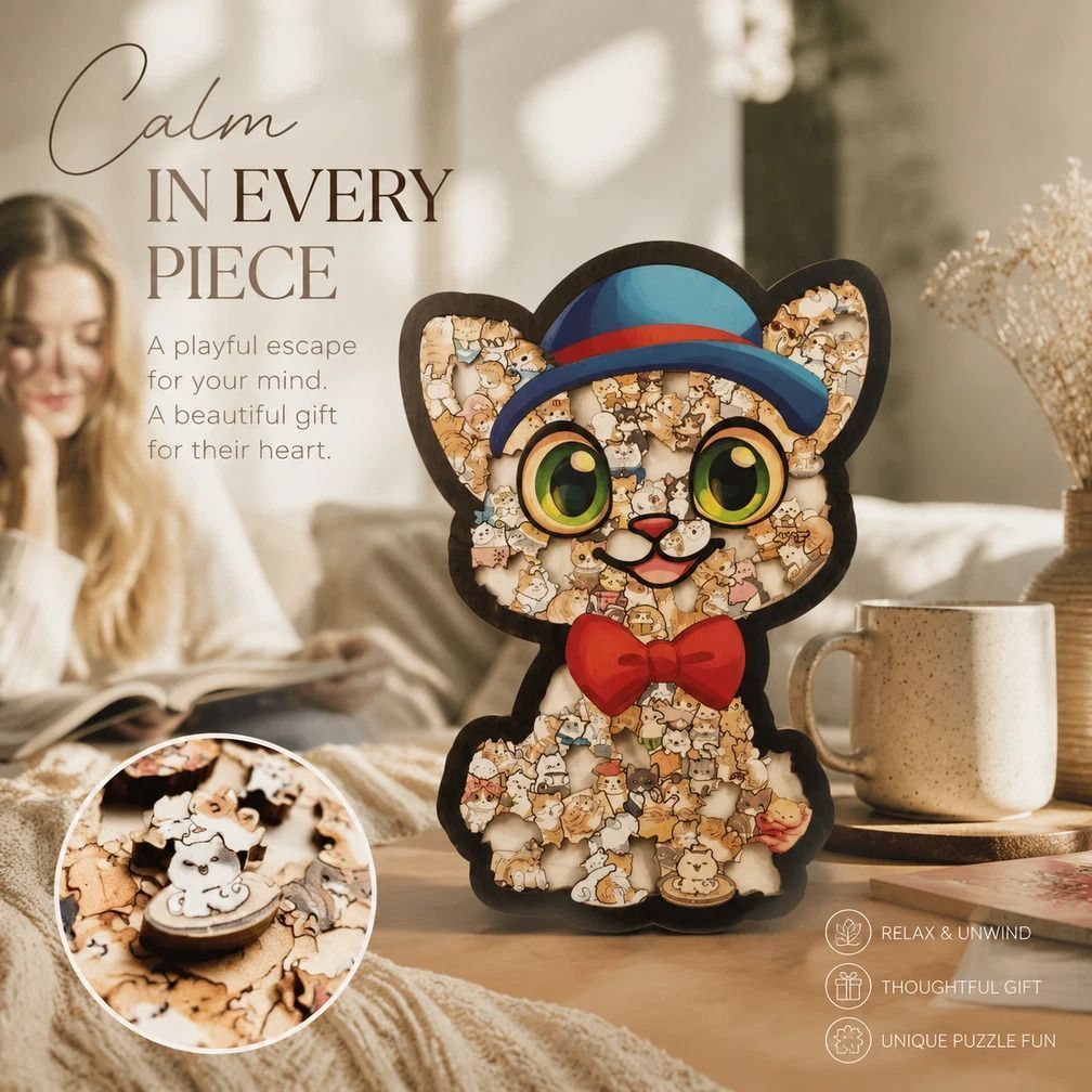 Wooden Jigsaw Puzzle, Cat with Blue Hat + Melad Style Dog