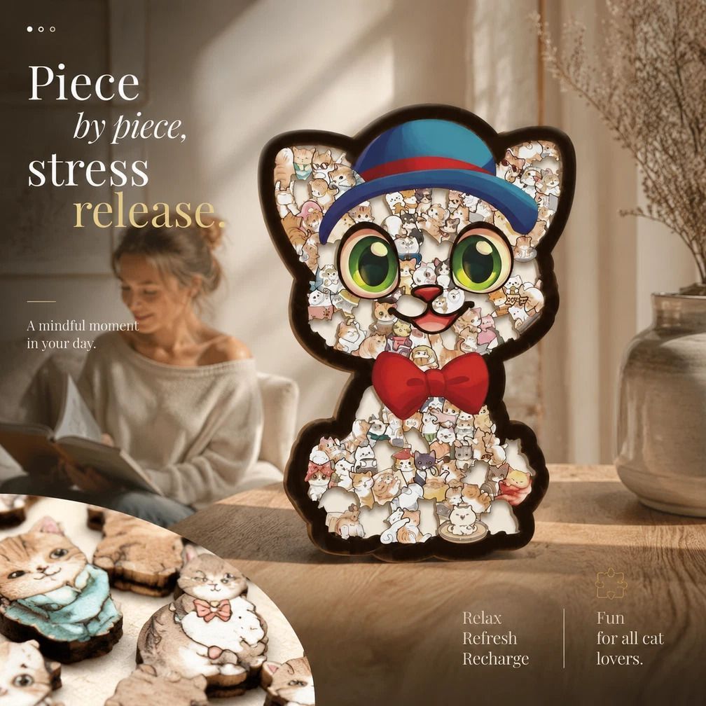Wooden Jigsaw Puzzle, Cat with Blue Hat + Teddy Dog