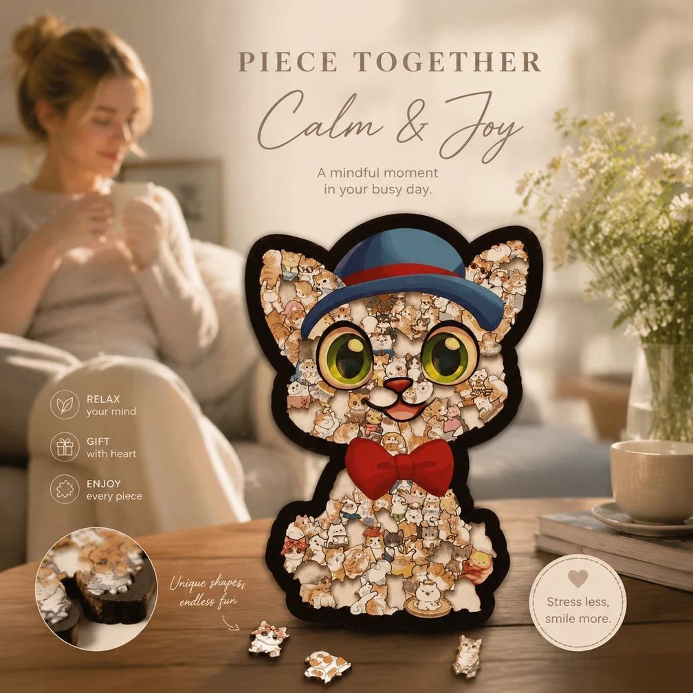 Wooden Jigsaw Puzzle, Cat with Blue Hat + Pug Dog