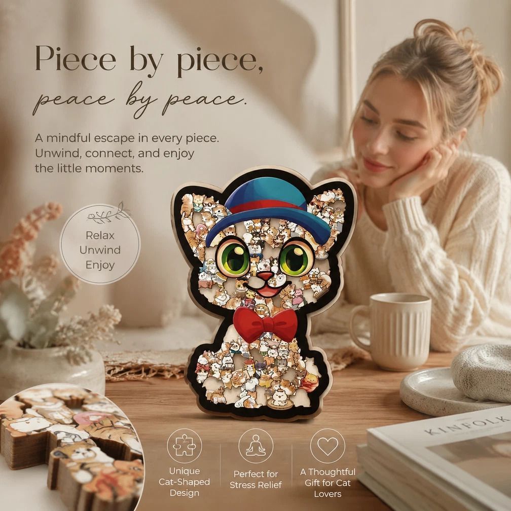 Wooden Jigsaw Puzzle, Cat with Blue Hat + Puppy