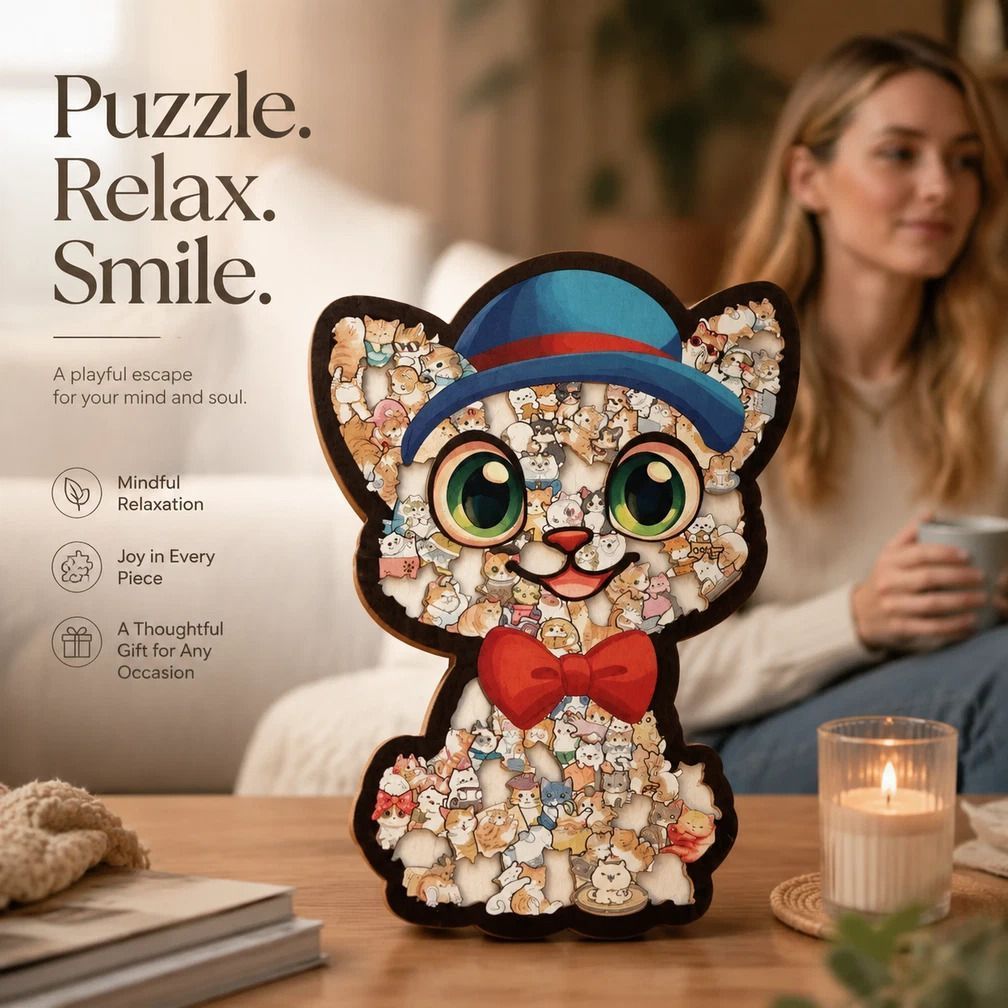 Wooden Jigsaw Puzzle, Cat with Blue Hat + Little Bear