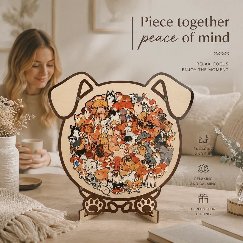 Wooden Jigsaw Puzzle, Morandi Style Dog + Puppy