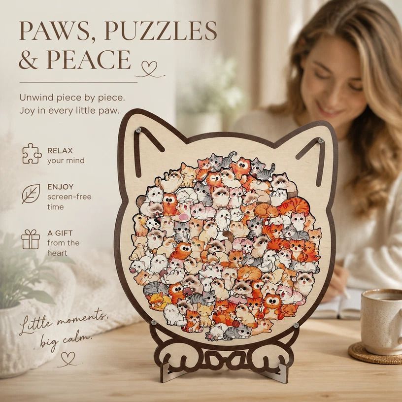 Wooden Jigsaw Puzzle, Kitten + Little Bear