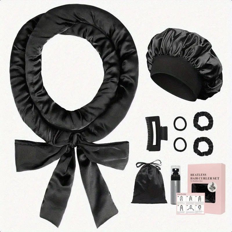 Black Satin No Heat Sleep Hair Curler 9Pcs Gift Set