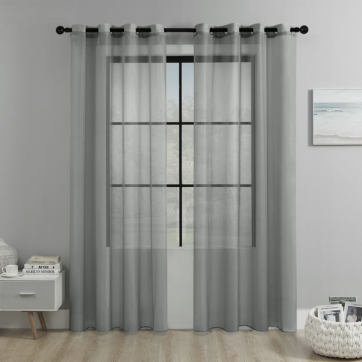 grey Light Transparent Window Sheers, 2 Pieces, Multiple Sizes Available