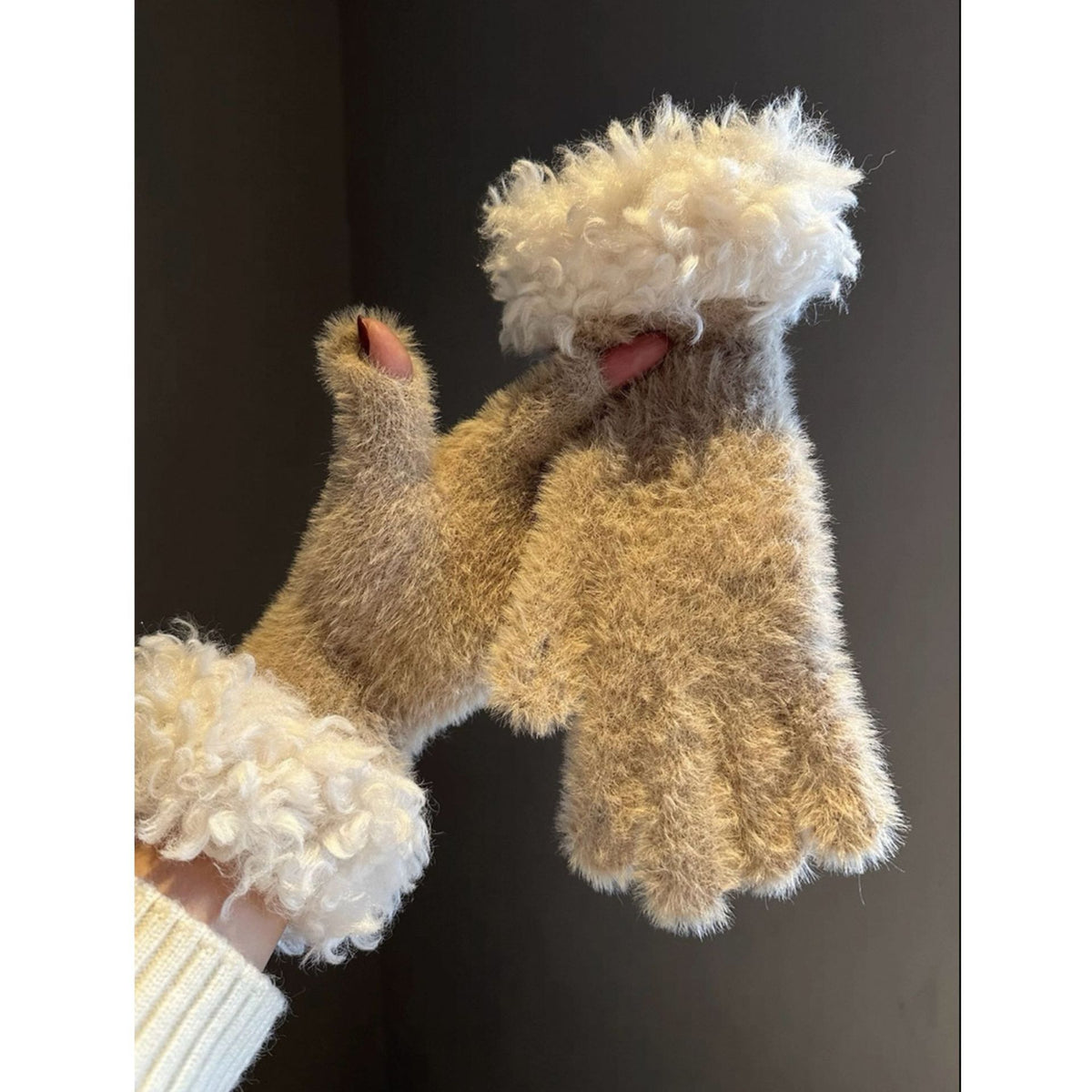 Khaki Faux Mink Spliced Gloves