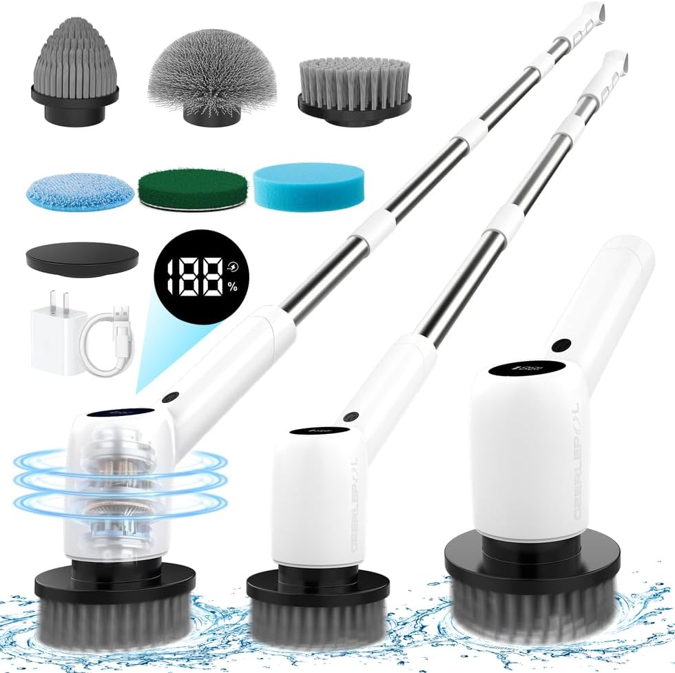 Electric Spin Scrubber Power Shower Cleaning Brush with Extendable Handle & 8 Brush Heads for Bathtub Tile Grout Kitchen Window and Floor