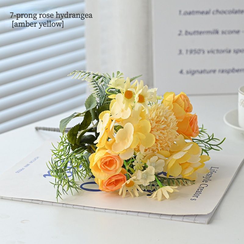 7-Branch Handheld Artificial Bouquet | Ins-Style Spring Romance, Long-Lasting Healing Little Happiness/7-prong rose hydrangea [amber yellow]