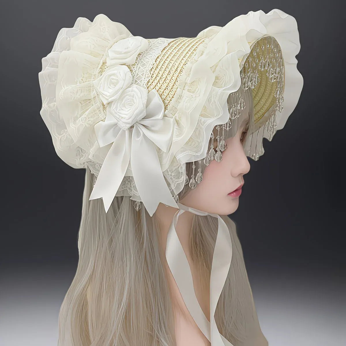 Original Handmade Straw Lolita Hat, Adorned with Handcrafted Pearl Tassels, Blending Gothic Dark with Elegant CLA Style – Large Silhouette Flatters the Head Shape, Full of Atmosphere./White flowers