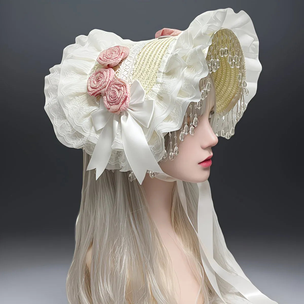 Original Handmade Straw Lolita Hat, Adorned with Handcrafted Pearl Tassels, Blending Gothic Dark with Elegant CLA Style – Large Silhouette Flatters the Head Shape, Full of Atmosphere./White pink flower