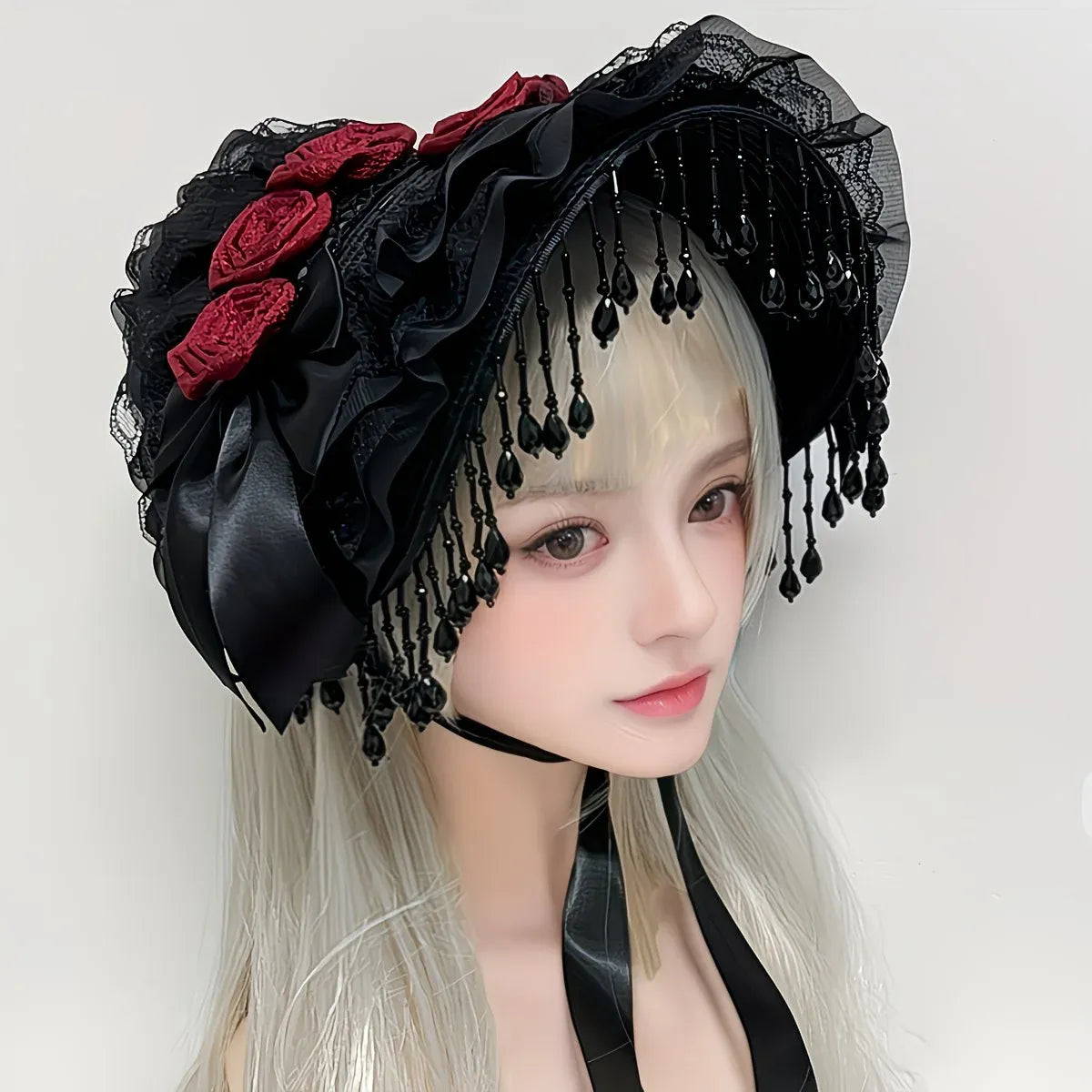 Original Handmade Straw Lolita Hat, Adorned with Handcrafted Pearl Tassels, Blending Gothic Dark with Elegant CLA Style – Large Silhouette Flatters the Head Shape, Full of Atmosphere./Black safflower