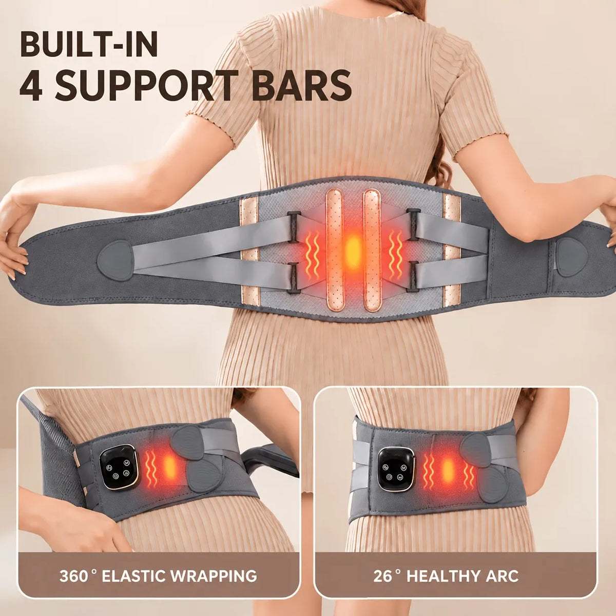 Smart Heated Massage Waist Belt: Dual Motor 9-Level Vibration + 5-Level Heat Therapy, Detachable Digital Display, Dual Compression Strap Support, Say Goodbye to Back Pain!(grey)