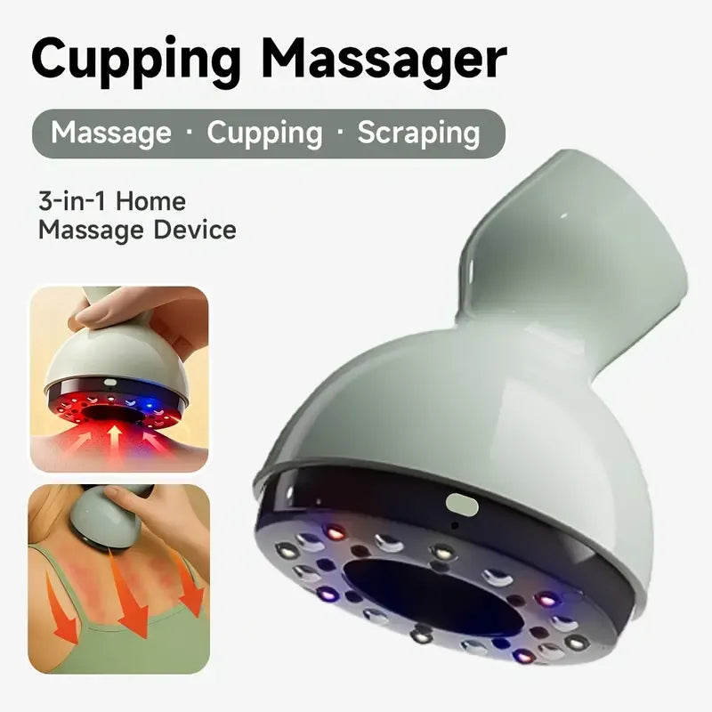 Smart Electric Cupping Massager – 3-in-1 knead, scrape & cup. 9-level heat control, one-key pressure release, IPX6 waterproof, portable for travel, relieves fatigue & tension.