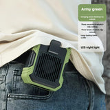 Wall-mounted USB rechargeable dual-purpose fan, integrating rapid cooling, dehumidification, and lighting functions. Features three-speed wind adjustment, can be worn on the waist via a hanging strap, with quiet operation, GREEN