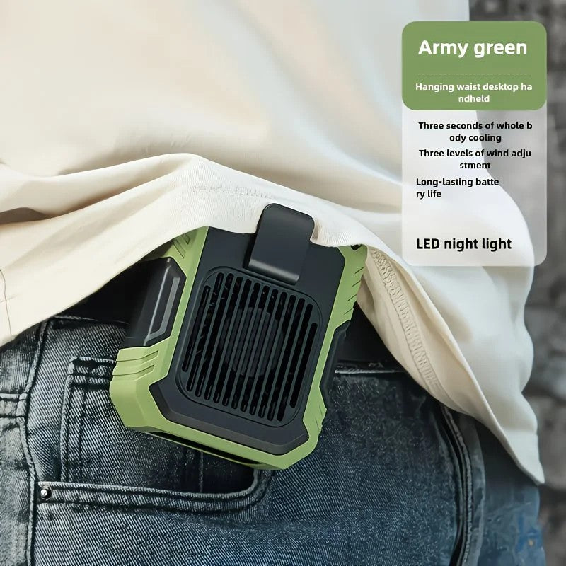 Wall-mounted USB rechargeable dual-purpose fan, integrating rapid cooling, dehumidification, and lighting functions. Features three-speed wind adjustment, can be worn on the waist via a hanging strap, with quiet operation, GREEN