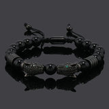 Leopard Print Men's Bracelet: Polished Black Stone Beads with Inlaid Diamond Leopard Head, 175-200mm Adjustable, Embodying Wild and Sophisticated Wrist Fashion.black