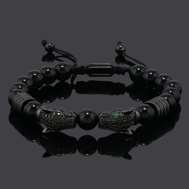 Leopard Print Men's Bracelet: Polished Black Stone Beads with Inlaid Diamond Leopard Head, 175-200mm Adjustable, Embodying Wild and Sophisticated Wrist Fashion.black