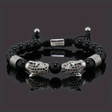 silver Leopard Print Men's Bracelet: Polished Black Stone Beads with Inlaid Diamond Leopard Head, 175-200mm Adjustable, Embodying Wild and Sophisticated Wrist Fashion.