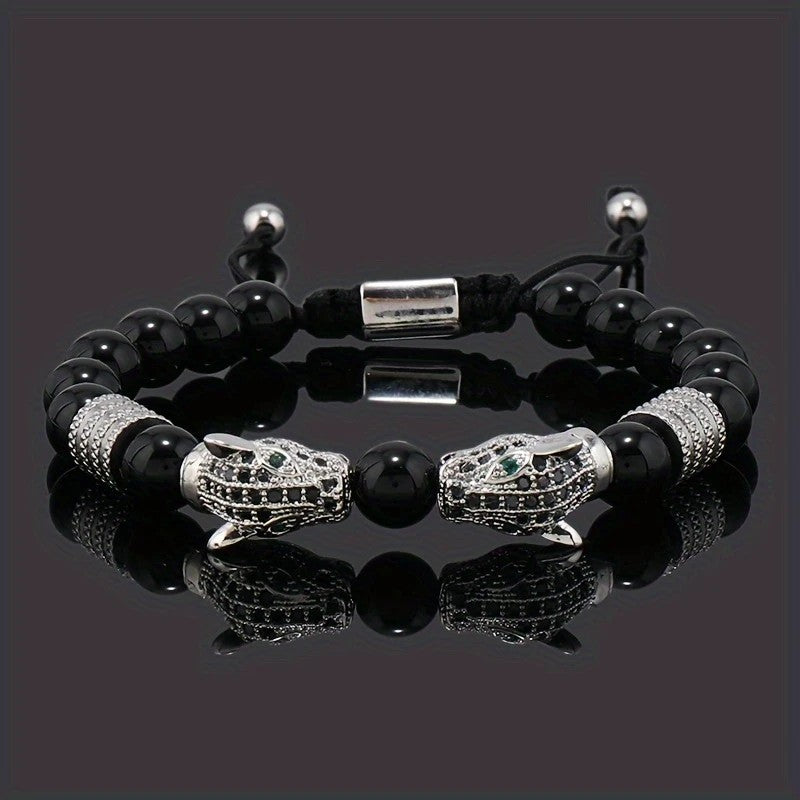 silver Leopard Print Men's Bracelet: Polished Black Stone Beads with Inlaid Diamond Leopard Head, 175-200mm Adjustable, Embodying Wild and Sophisticated Wrist Fashion.