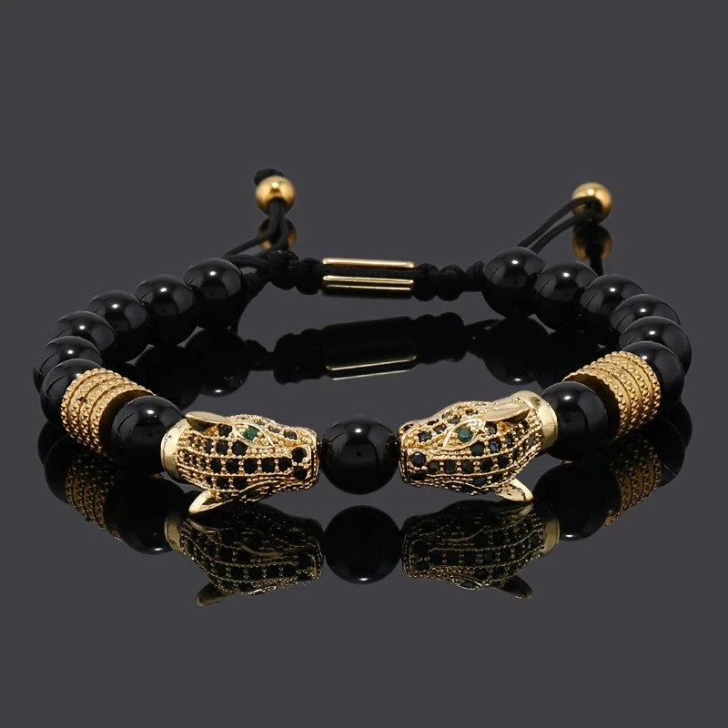 golden Leopard Print Men's Bracelet: Polished Black Stone Beads with Inlaid Diamond Leopard Head, 175-200mm Adjustable, Embodying Wild and Sophisticated Wrist Fashion.