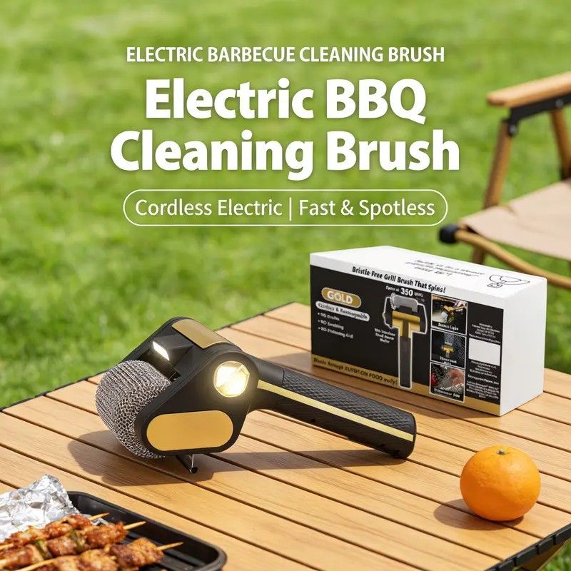 LED-lit electric barbecue brush, rechargeable rotating cleaning, instantly cleans the grill after backyard BBQ, lazy cleaning essential.(gold)