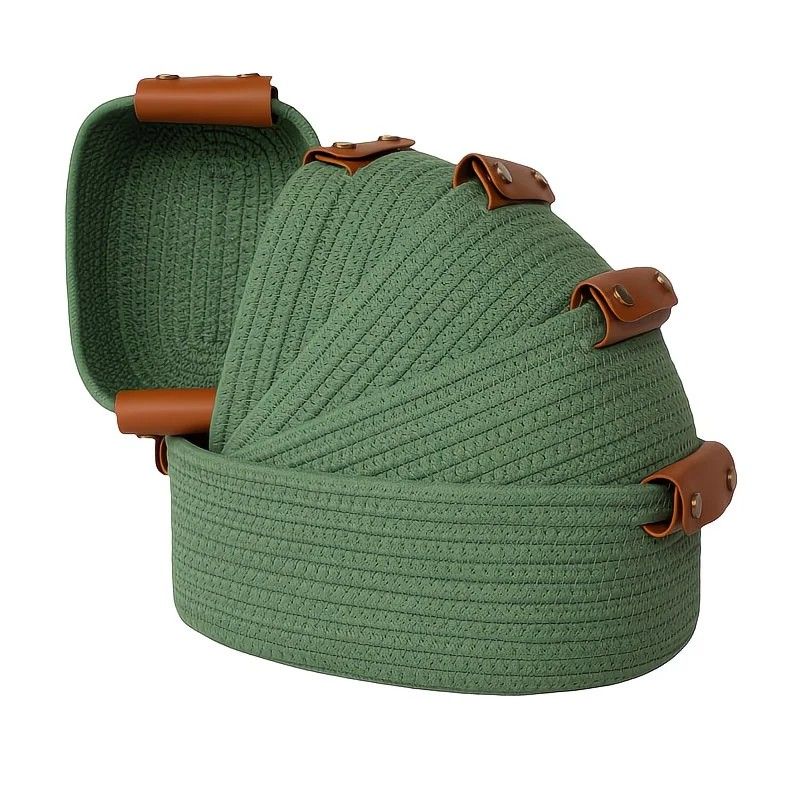 5-piece cotton rope storage basket set, cotton woven with leather handles, multiple sizes for organizing desk sundries, beautiful and practical to enhance space style.（pitch green）