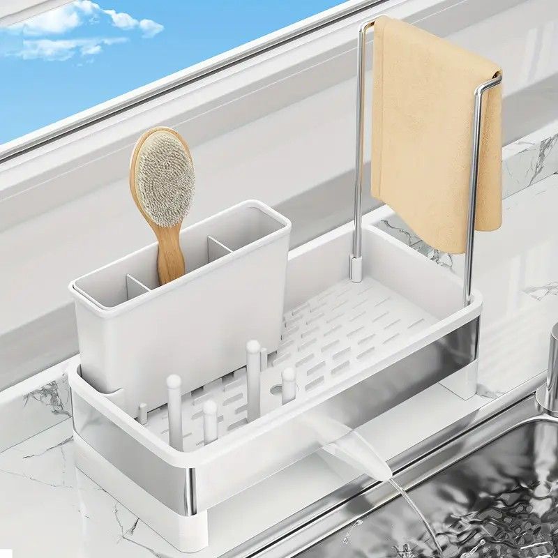 No Drill 360° Rotating Drain Sponge Holder with Tray Kitchen Sink Organizer(WHITE)