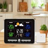 Indoor Outdoor Weather Station Color LCD Atomic Clock Barometer Forecast Dual Alarm Snooze Calendar Time Date Moon Phase Adjustable Backlight.BLACK