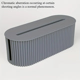 Milky blue cable storage box with lid, showing cable openings on the side.