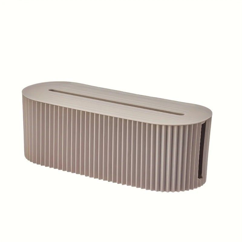 Light brown cable storage box with lid, showing openings for cables.