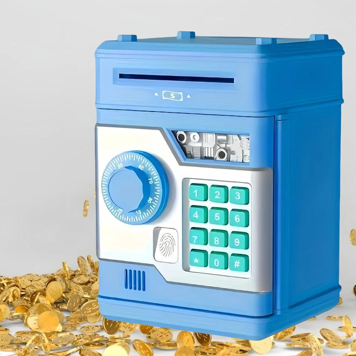 Children's Password Piggy Bank, Dual Lock,BLUE  Automatic Bill Intake, Develops Savings Habit, Multiple Colors Available, Battery Not Included
