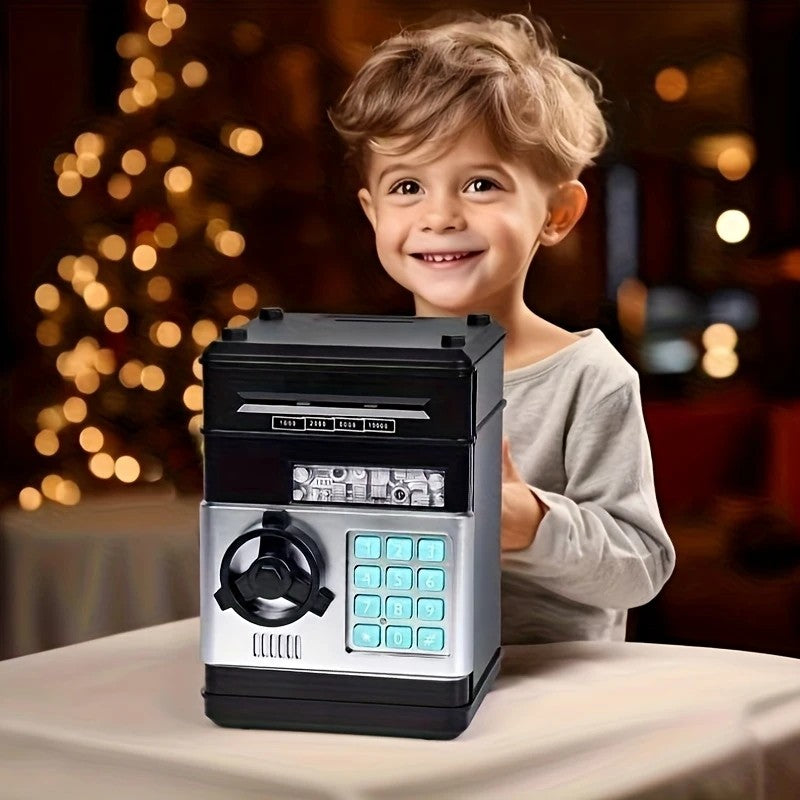 BLACK Children's Password Piggy Bank, Stores Coins & Paper Money, Auto Roll-Up, Sound & Light Interaction, Fosters Good Savings Habits. Battery Not Included