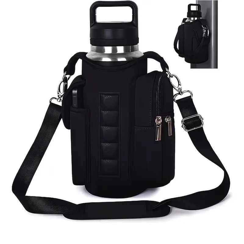 6-Magnet Suction Fitness Water Bottle Bag: Comes with Phone Pocket + Multi-Pocket Crossbody Design, Adjustable Shoulder Strap, Compatible with Treadmill and Squat Rack, Thickened Wear-Resistant Sports Essential/BLACK