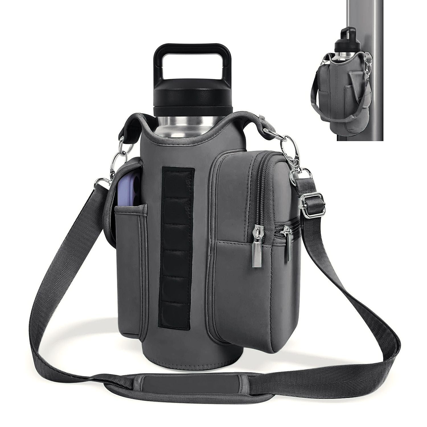6-Magnet Suction Fitness Water Bottle Bag: Comes with Phone Pocket + Multi-Pocket Crossbody Design, Adjustable Shoulder Strap, Compatible with Treadmill and Squat Rack, Thickened Wear-Resistant Sports Essential/GREY