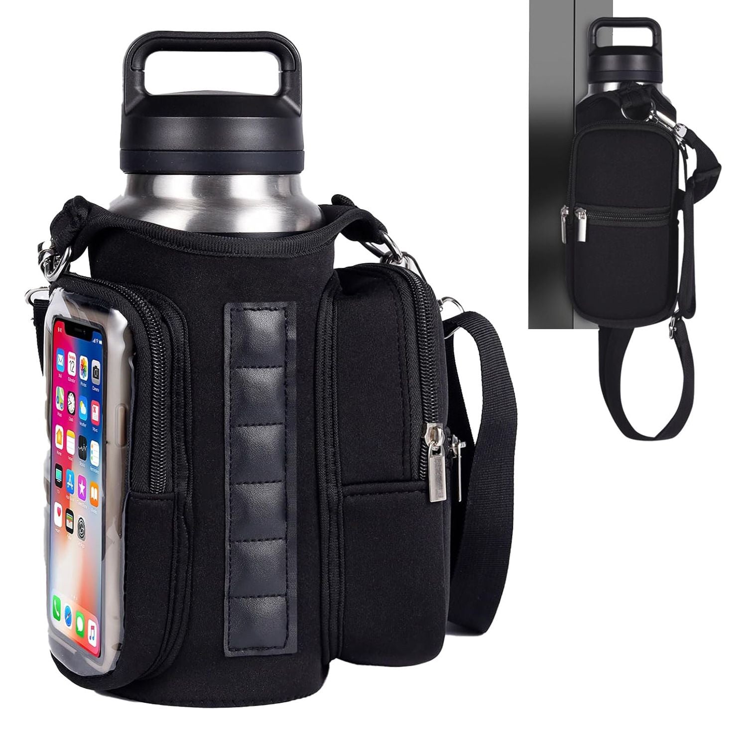 Transparent Single Row 6 Magnet Fitness Water Bottle Bag: HD touchscreen phone pocket, multi-pocket storage, thickened wear-resistant material securely attaches to equipment, one bag handles all sports and travel needs./black