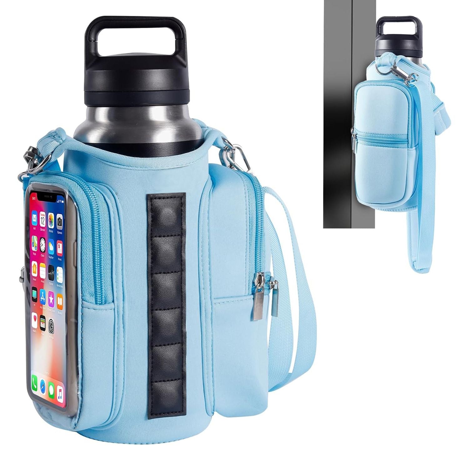 Transparent Single Row 6 Magnet Fitness Water Bottle Bag: HD touchscreen phone pocket, multi-pocket storage, thickened wear-resistant material securely attaches to equipment, one bag handles all sports and travel needs./BLUE