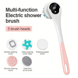 Multi-Function Electric Body Brush: 360° Rotation, Auto-Cleaning, 5 Brush Heads, 3-Speed Adjustment, Wet & Dry Use for Home Spa Experience.pink